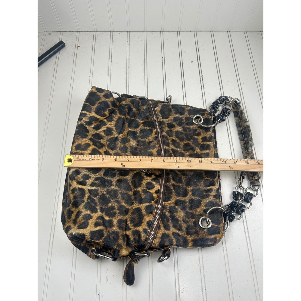 Leopard Print Slouchy Punk Grunge Edgy Vintage Y2K Chain Strap Shoulder Bag - Picture 12 of 13